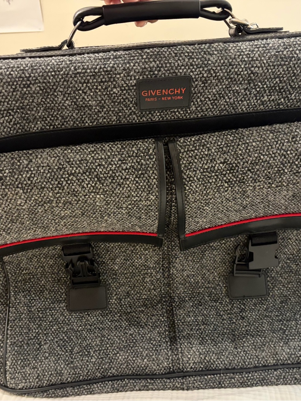 Vintage Givenchy Men's Gray Tweed Briefcase with Red Trim